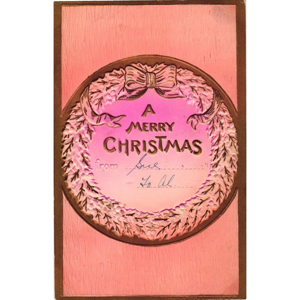Embossed 1908 Merry Christmas Postcard With Wreath Design & Handwritten Note